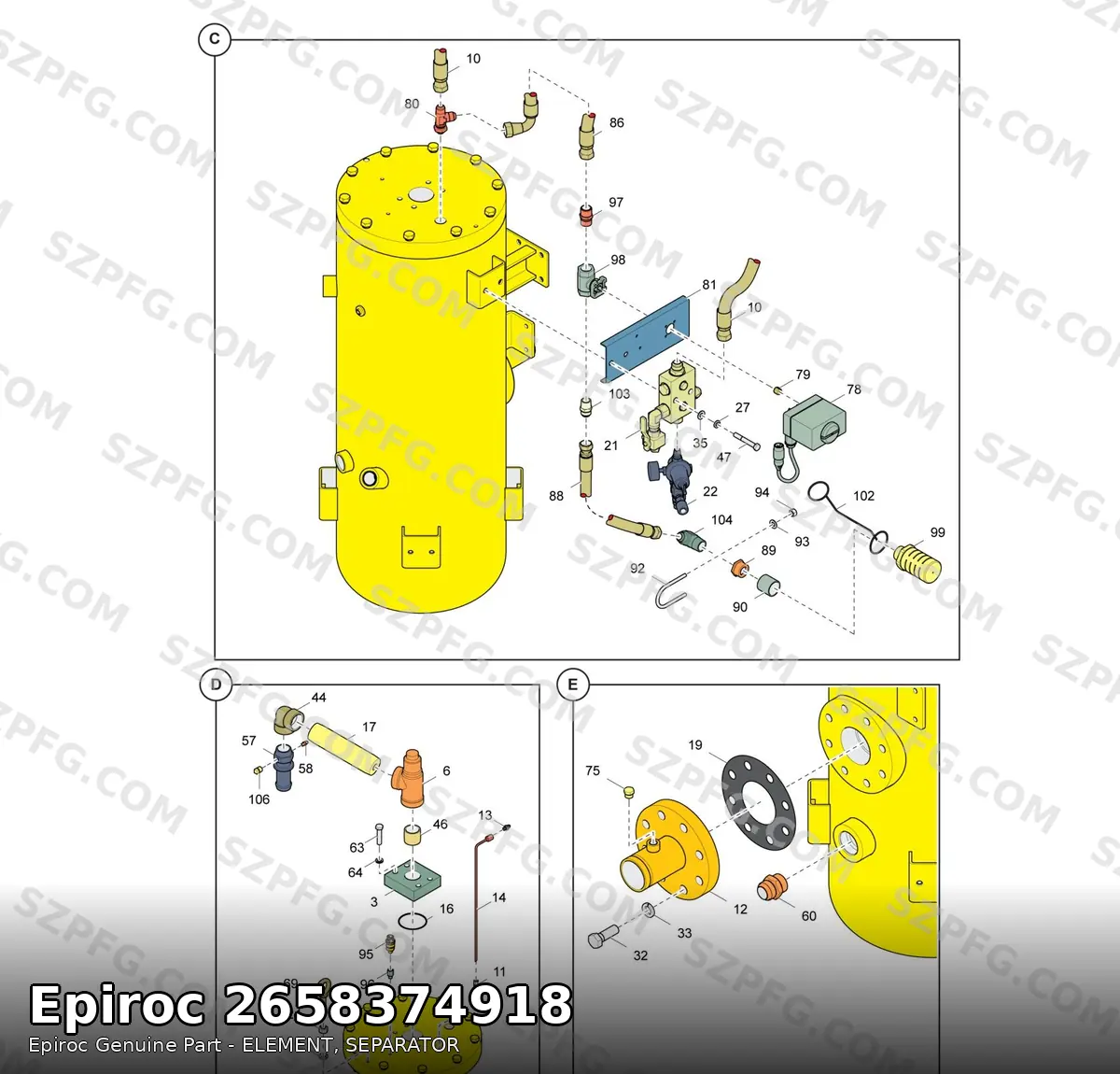 Разузловка сепараторного бака компрессора Epiroc, элемент сепаратора 2658374918
