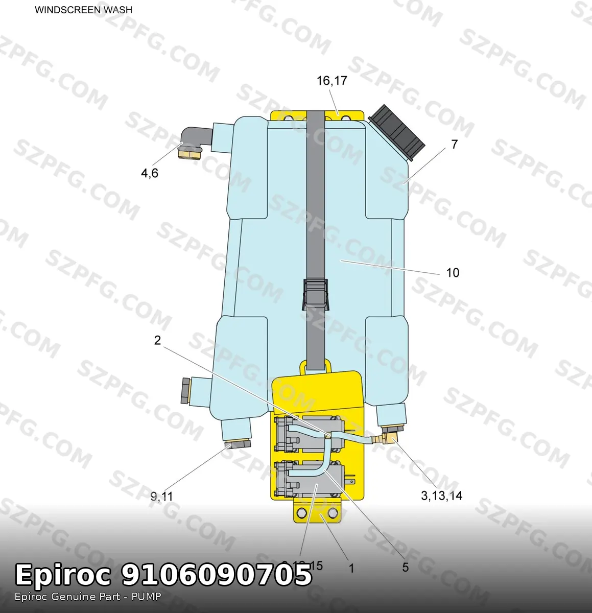 Насос омывателя Epiroc 9106090705 на каталожной схеме узла WINDSCREEN WASH: бачок 3217740300 с насосами на кронштейне