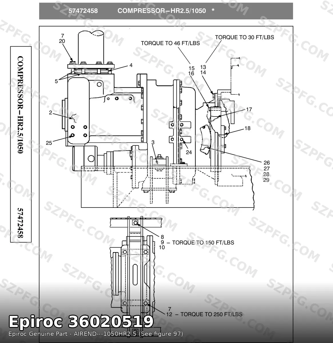 Разузловка компрессорного узла Epiroc 57472458: позиции 1-29 и винтовой блок 36020519
